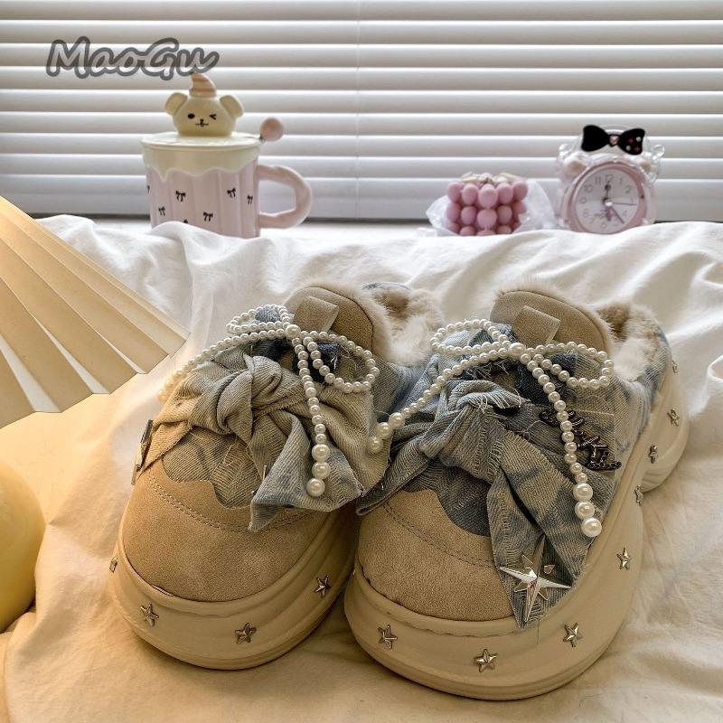 Pantuflas Mujer Beaded Bow Plush Slide Slippers Women's Autumn Winter Fuzzy Cotton Slippers Non-Slip Fashion Shoes for Women