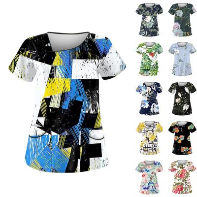 Women's Fashion Printed  Short Sleeve Care Workwear With Double Pockets Top
