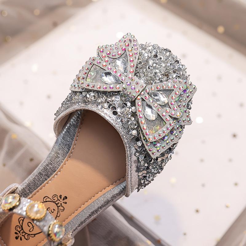 Sandali Aperti con Fiocco di Cristallo da Bambina - Scarpe da Principessa Estate 2025 con Suole Morbide per Esibizioni