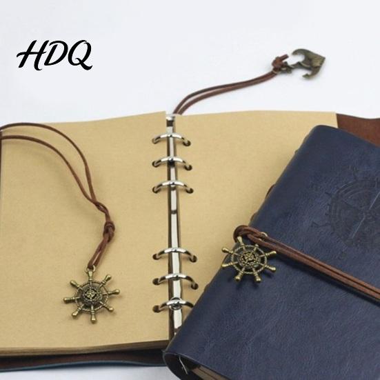 Sketchbook Notebook Faux Leather Binder 6 Ring Loose Leaf Vintage Personal Wear-resistant Journal Planner with Retro Steering Wheel Pendant