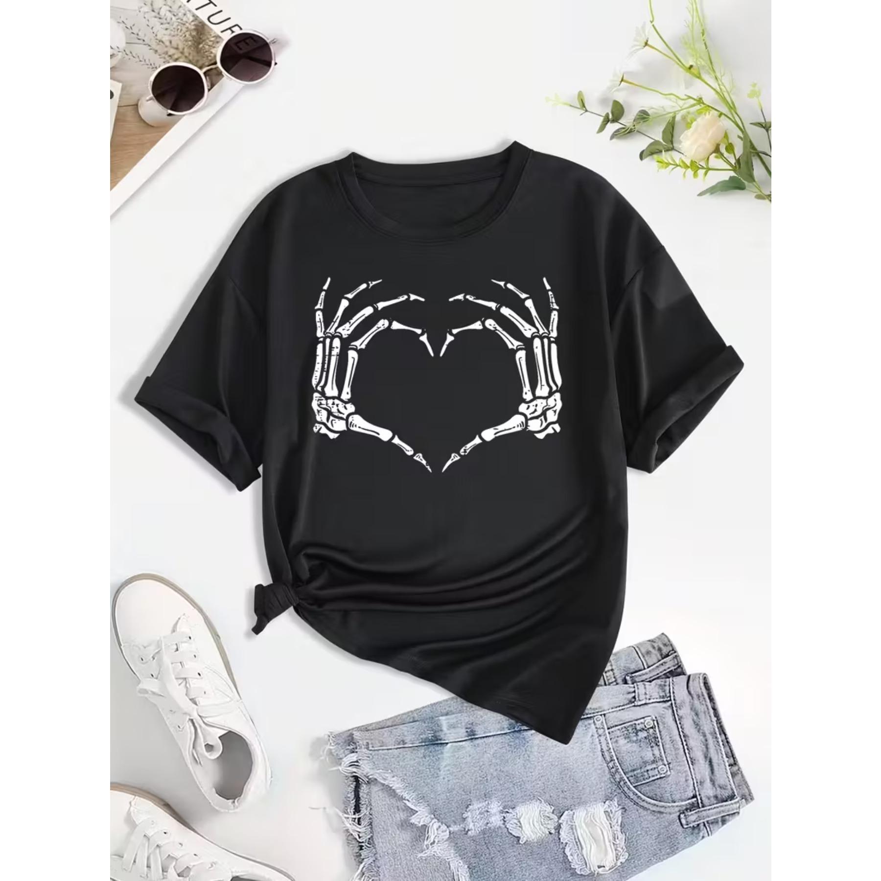 Women s Semi-Sheer Short Sleeve T-Shirt with Skeleton Hands Heart Print - Crew Neck Casual Top S чёрный