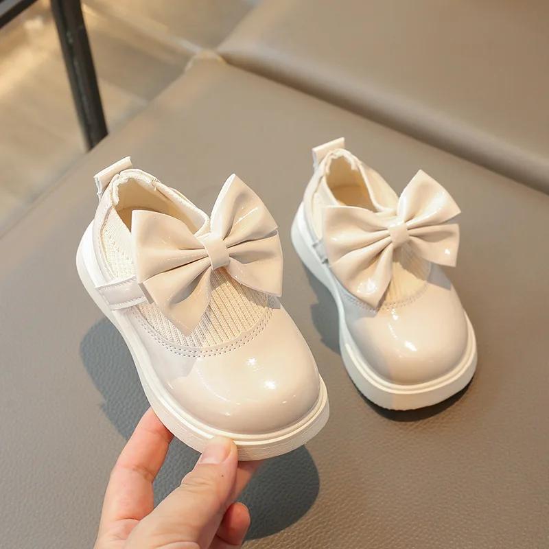 Fashion New Girls Knitted Shoes with Bow-knot Stretch Fabric Princess Kids Flats for School Little Children Loafers Hook & Loop Princess