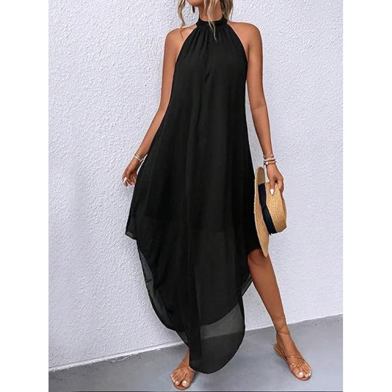 Hochzeitsgastkleid schulterfrei fließend einfarbig ärmellos asymmetrisch böhmisch lang Kleid Damen