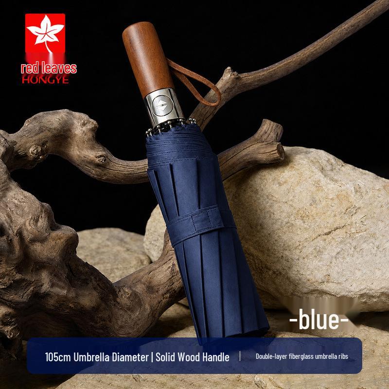 Red Leaf Dual-Use Sun & Rain Umbrella with Solid Wood Handle, Black Glue UV Protection, Large Size for Men & Women