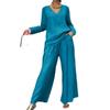 Damen Royalblau V-Ausschnitt Langarm Top und Weite Hosen Set