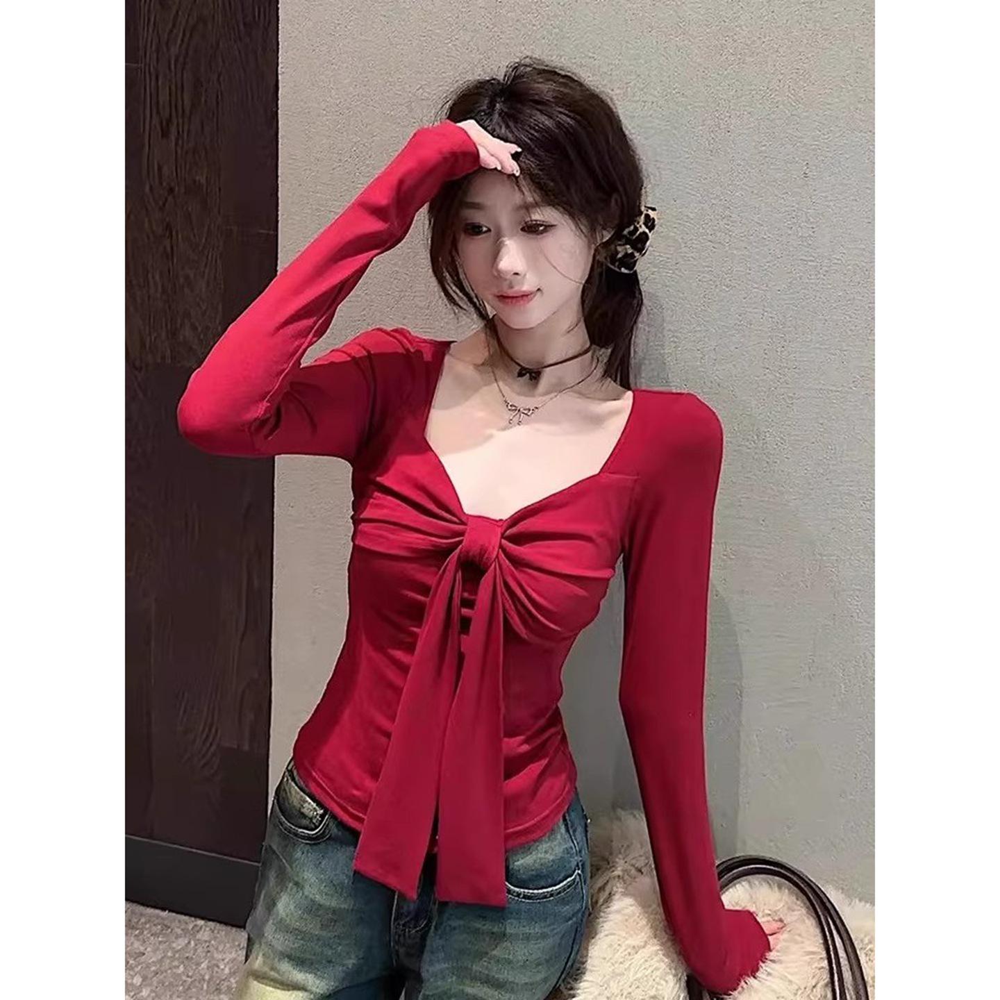 Women s Red Lace-up Bow Long-sleeve Square Neck Slim-fit Top - Pure Desire Style for Autumn/Winter. Large красный