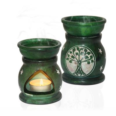 India Handcrafted Soapstone Aroma Burner Oil Diffuser and 1 Tea Light Candle (Green)