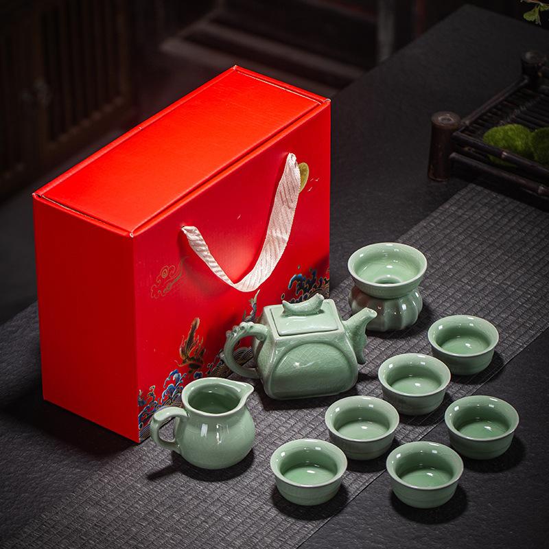 10-Head Ge Kiln Tea Set Kung Fu Ceramic Open Film Dehua Household Complete Teapot Gift Box Teacup Business Gifts
