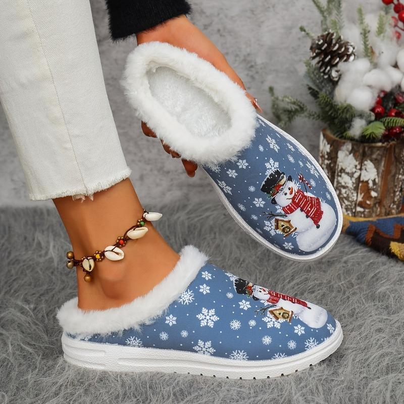 Women's Christmas Limited Edition Red Snowman & Snowflake Slip-On Loafers - Cozy Winter Fabric Slippers with Non-Slip Rubber Sole, Festive Holiday