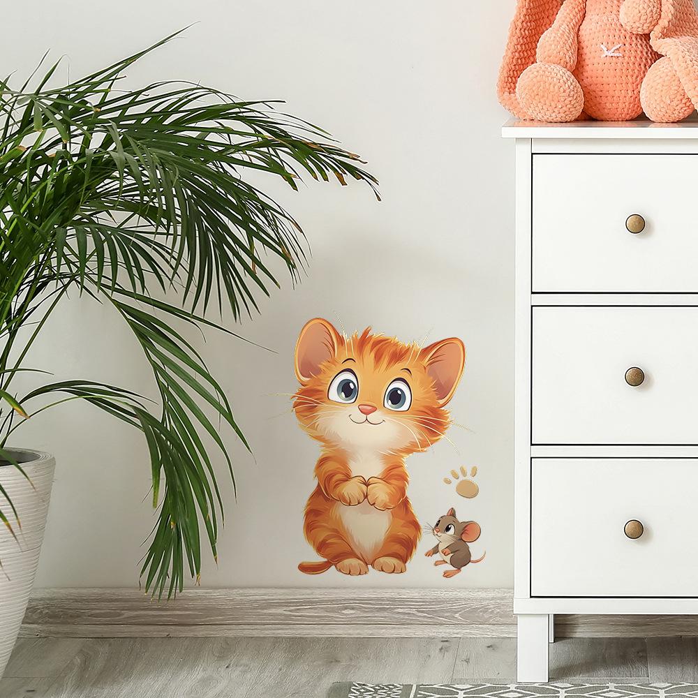 Cartoon Cat and Mouse Wall Sticker for Bedroom Living Room Background Decor Removable Self-Adhesive Decal