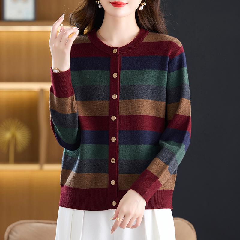 Women's Striped Autumn Knit Cardigan 2025: Fashionable, Loose-Fit, Slimming, Age-Defying Sweater Coat