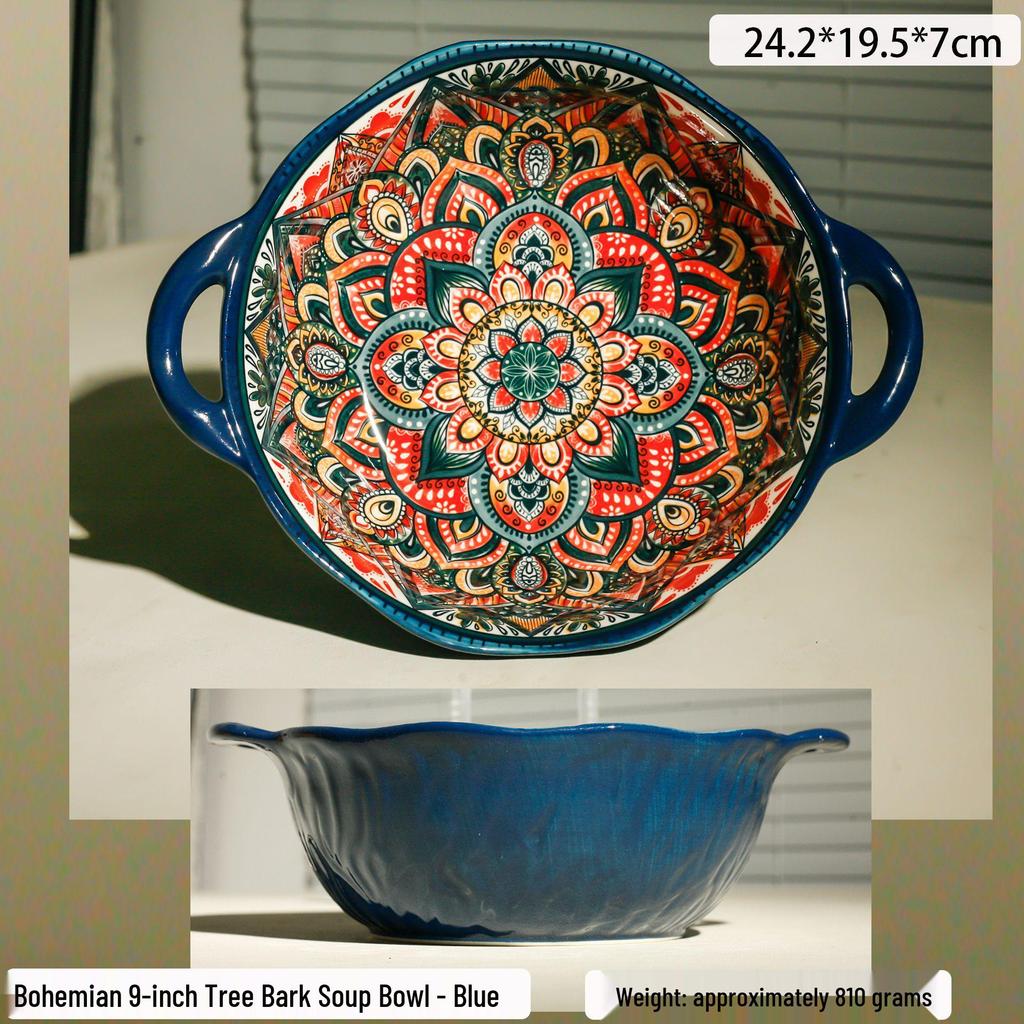 Blue Bohemian Porcelain Microwave-Safe Rice Bowl and Plate Set