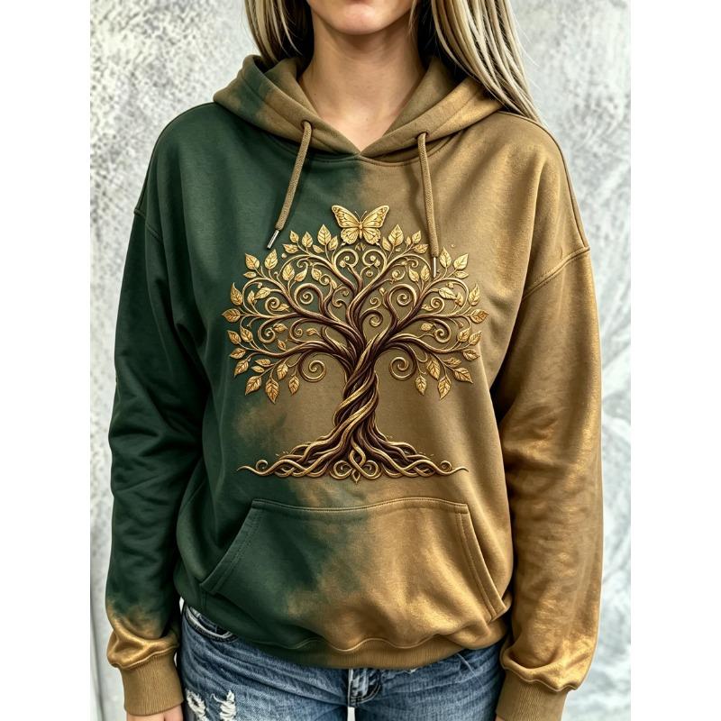 Women Fleece Hoodie Autumn Tree Butterfly Tie‑Dye Print Long Sleeve Drawstring Pocket Loose Hooded Sweatshirt