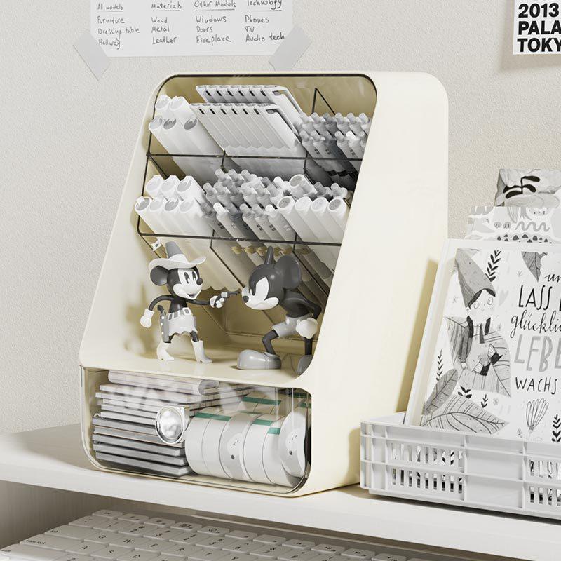 

Прозорий похилий тримач для ручок та висувна шухляда для зберігання на столі жовтий