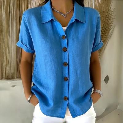 Women Tops Lapel Short Sleeve Buttons Placket Shirt Tops Pure Color Loose