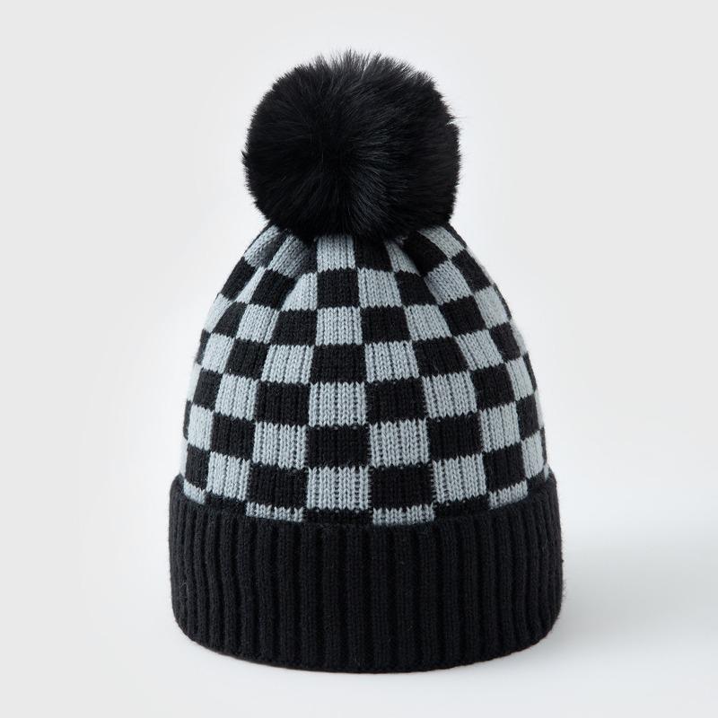 Plaid Knitted Pullover Hat With Fleece Lining Ear Flap Warm Winter Autumn Hat