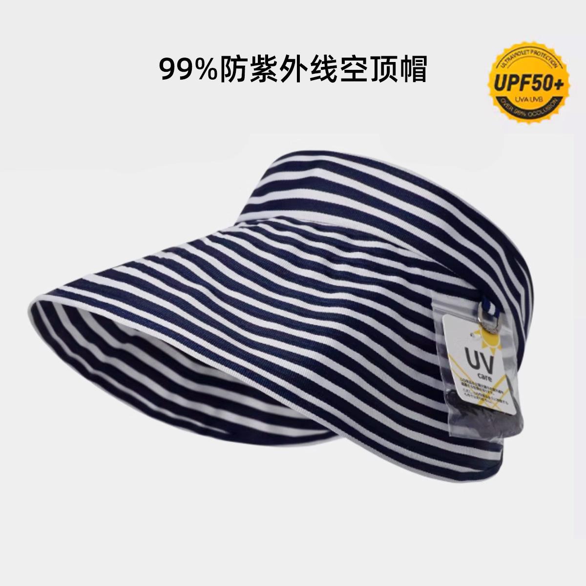 

Striped empty top sun protection hat women s big eaves show face small UV egg roll sun hat outdoor UV protection hat Adjustable Темно-синій
