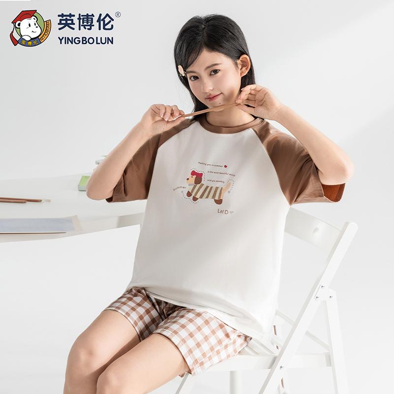 Yingbolun Girls' Pure Cotton Short Sleeved Shorts Set Summer Thin Home Clothes