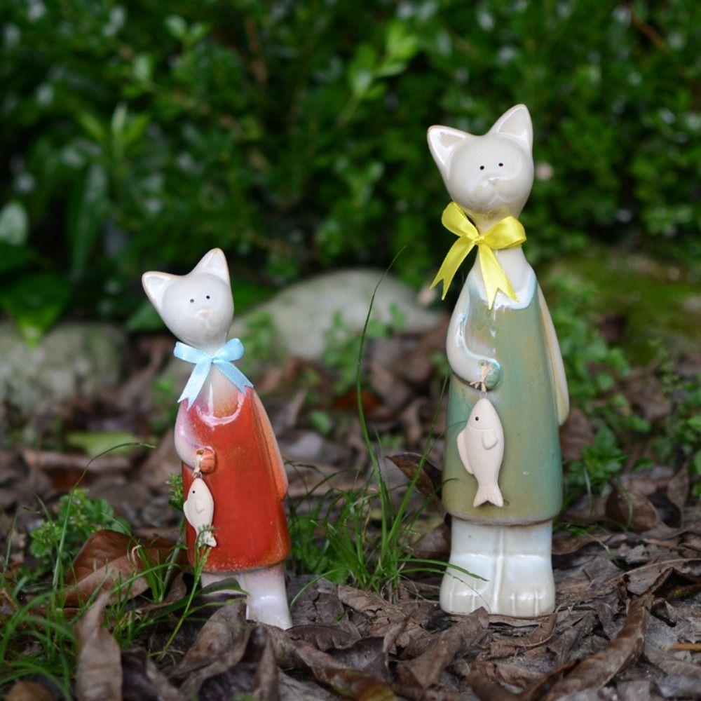 2pcs Modern Cat Figurines Ceramic Miniatures Sculpture Creative Animal Art Statues  Prop