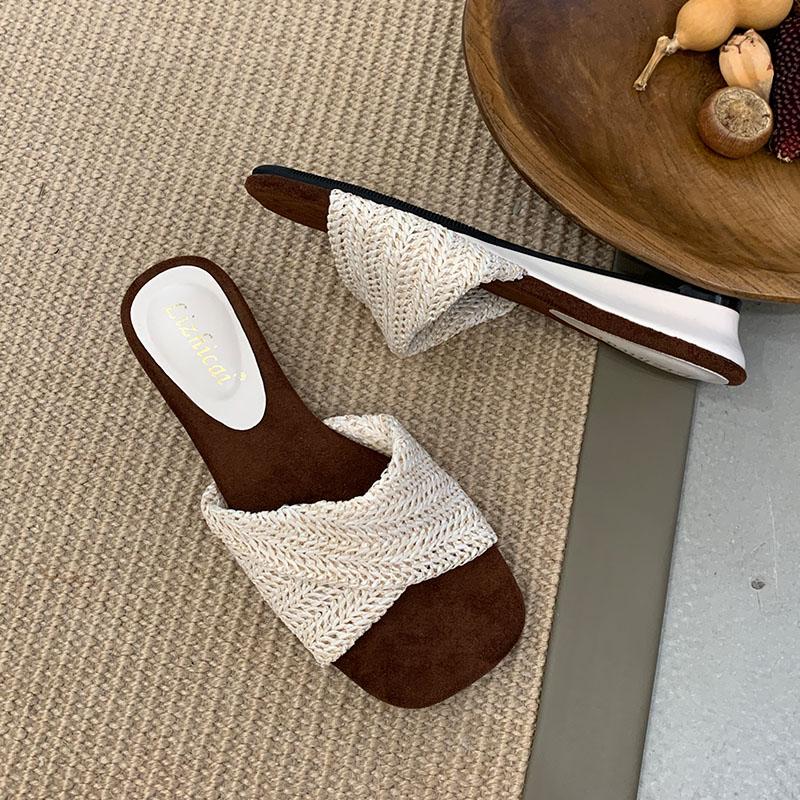 

Fashion Female Low Heel Footwear Slides Wedges Slippers Shoes For Women 2025 New Fashion Shallow Ladies Heeled Slippers Sandals Shoes 35 бежевый