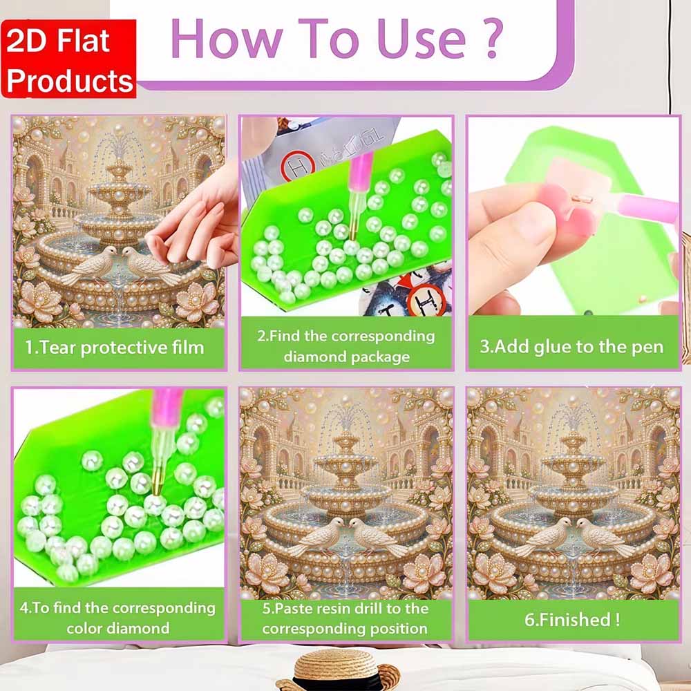 Pearl Painting 5D DIY Decorative Painting. Cute Birthday Gift. Elegant Palace Fountain With Doves And Flowers Handmade Art Painting