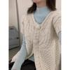 Womens Knit Cardigan Vest With Cable Round Neck Single Row Buttons Lightweight Layering Top