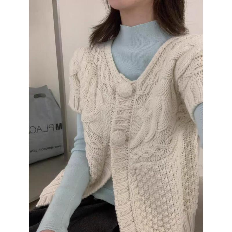 Womens Knit Cardigan Vest With Cable Round Neck Single Row Buttons Lightweight Layering Top