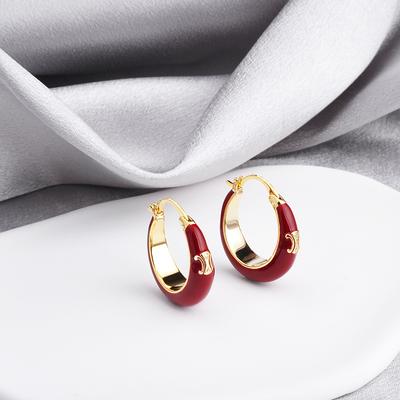 Arc De Triomphe Stud Earrings, Red Enamel Drop, Round Huggie Earrings, Fashion Statement Jewelry