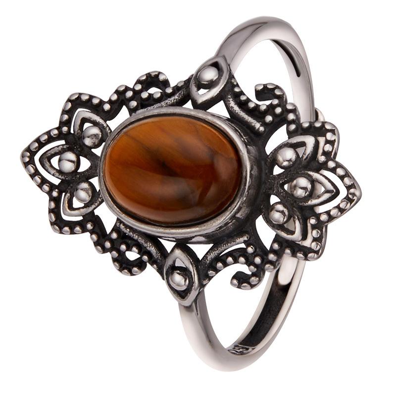 Personalized Retro Thai Silver Natural Colored Treasure Ring Female S925 Sterling Silver Court Pattern Advanced Sense Index Finger Ring