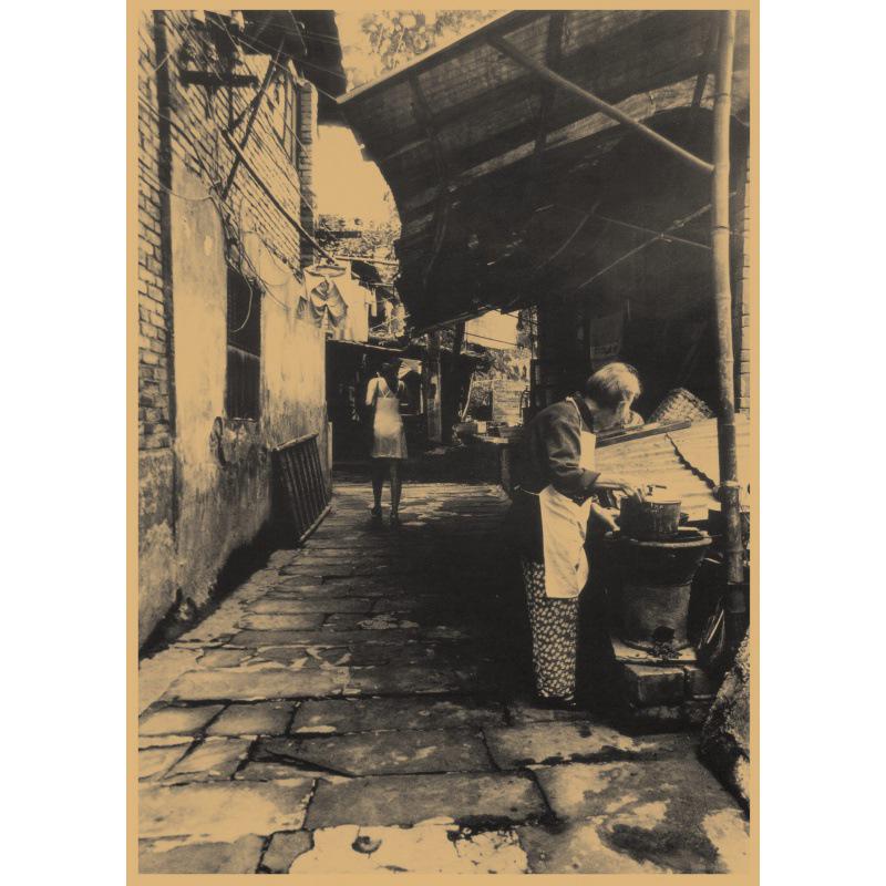 Retro Chongqing Street Scene Wall Decor: Hot Pot & Malatang Theme Yellow Kraft Paper (No Glue) 30X42 cm