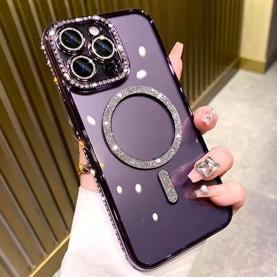 Luxury Glitter Wireless Charging Transparent Magsafe Case for IPhone 14 13 12 11 Pro Max 14 Plus Magnetic Bumper Diamond Lens Protector Cover