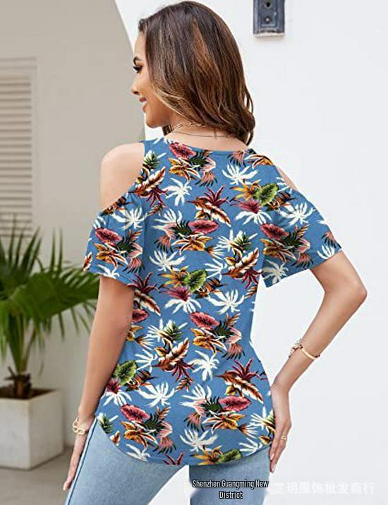 2025 Summer Off-the-Shoulder V-Neck Print Top for Women
