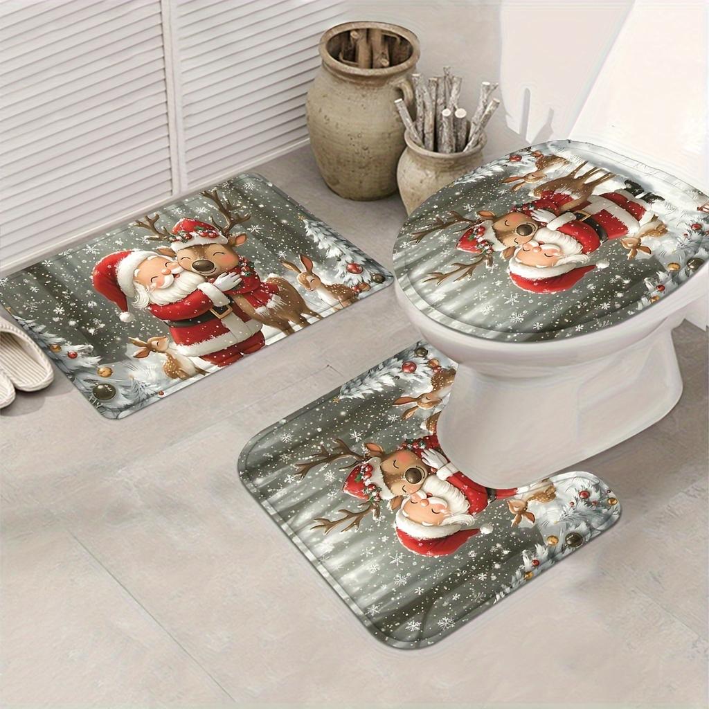 4-teiliges Badezimmer-Duschvorhang-Set Rot Weihnachten Weihnachtsmann Muster Badezimmer-Vorhang mit 12 Haken Rutschfeste Teppiche Toilettendeckelmatte Badezimmer-Trennwand