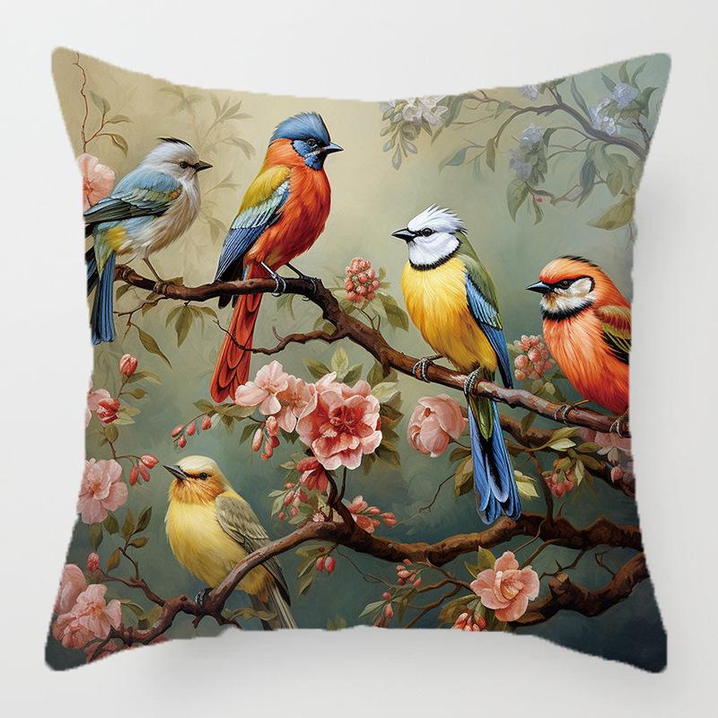 Kleurrijke vogel- en bloemenpatroon serie kussenhoes met korte pluche print voor woonkamer bankdecoratie kussenhoes 35x35cm