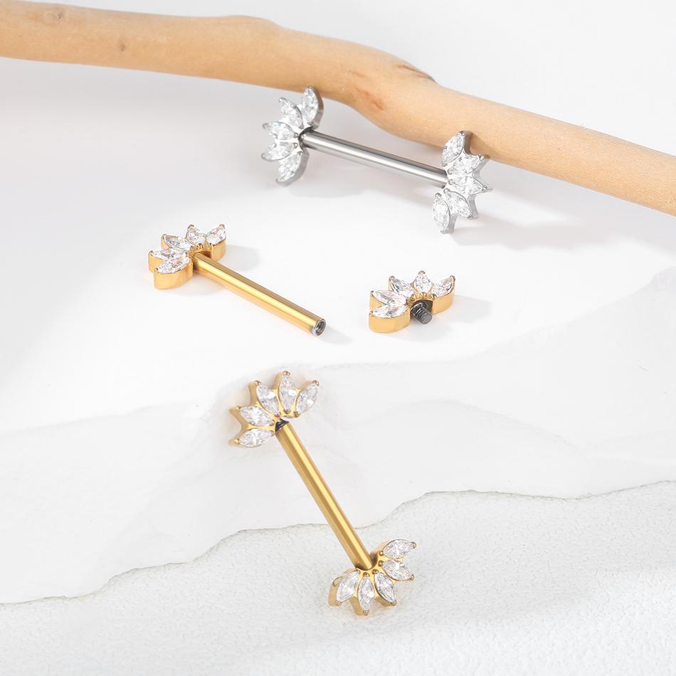 1 Peça Barra de Titânio para Mamilo com Argola Cristal CZ Banhada a Ouro com Escudo Pendurado Barra para Mulheres Piercing de Mamilo com Rosca Interna