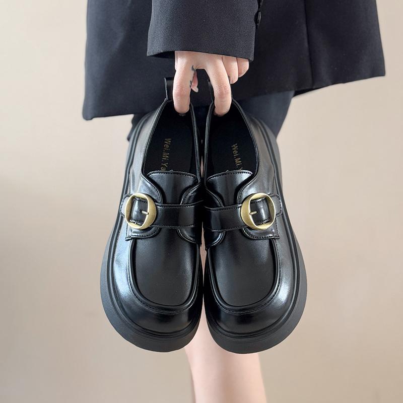 Fashion Fashion Single Shoes Autumn New Round Toe Deep Mouth Metal Buckle Platform Non-slip Loafers