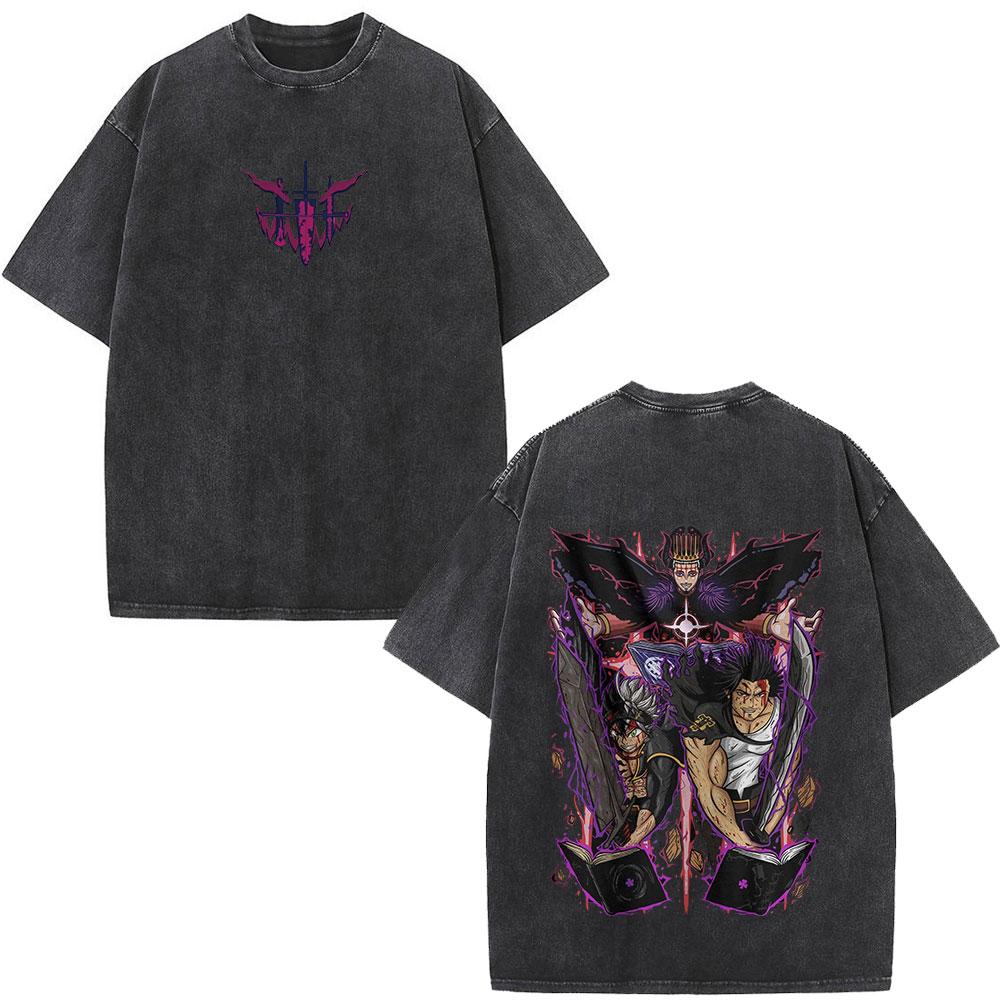 Washed Anime Black Clover Logo Graphic Print T-shirt Harajuku Summer Fashion Casual Cotton Oversized T-shirts Tops Streetwear