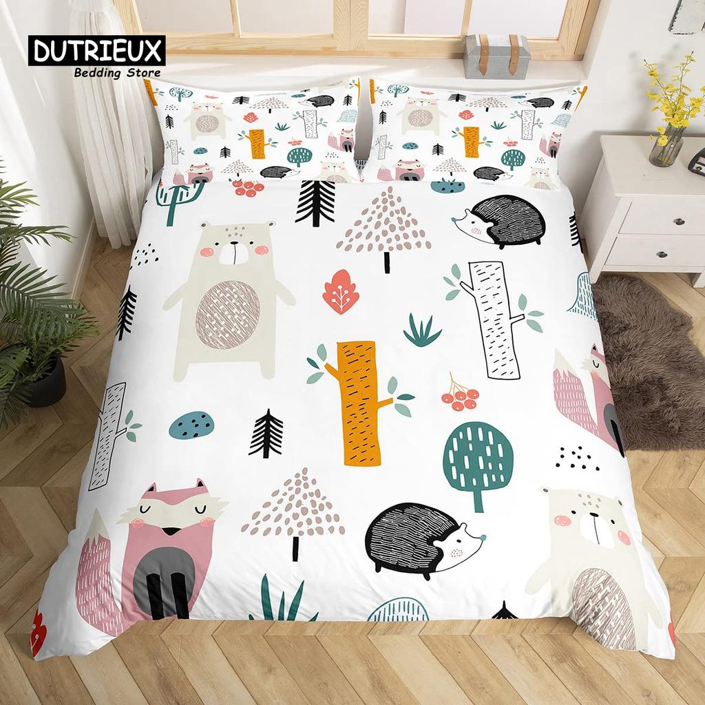 Kawaii Bear Duvet Cover Set Twin King Size Cartoon Animals Bedding Set Polyester Parachute Blue Sky White Cloud Comforter Cover