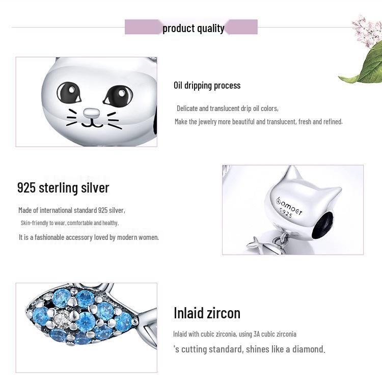 Yinziyun S925 Silver Cat & Fish Beads with Oil Drop Design - Cute DIY Jewelry Accessories (BSC226)