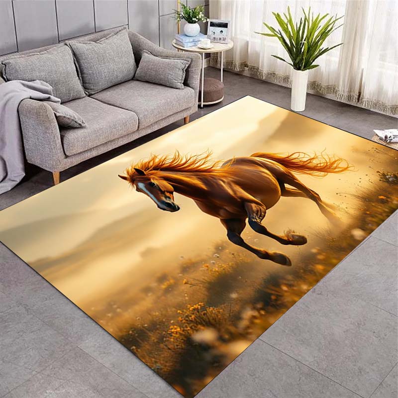 Wild Running Horses Sunset Grassland Print Area Rug Wildlife Animal Non‑Slip Rectangular Floor Mat Horse Lover Gaming Room Living Bedroom Decor Rug