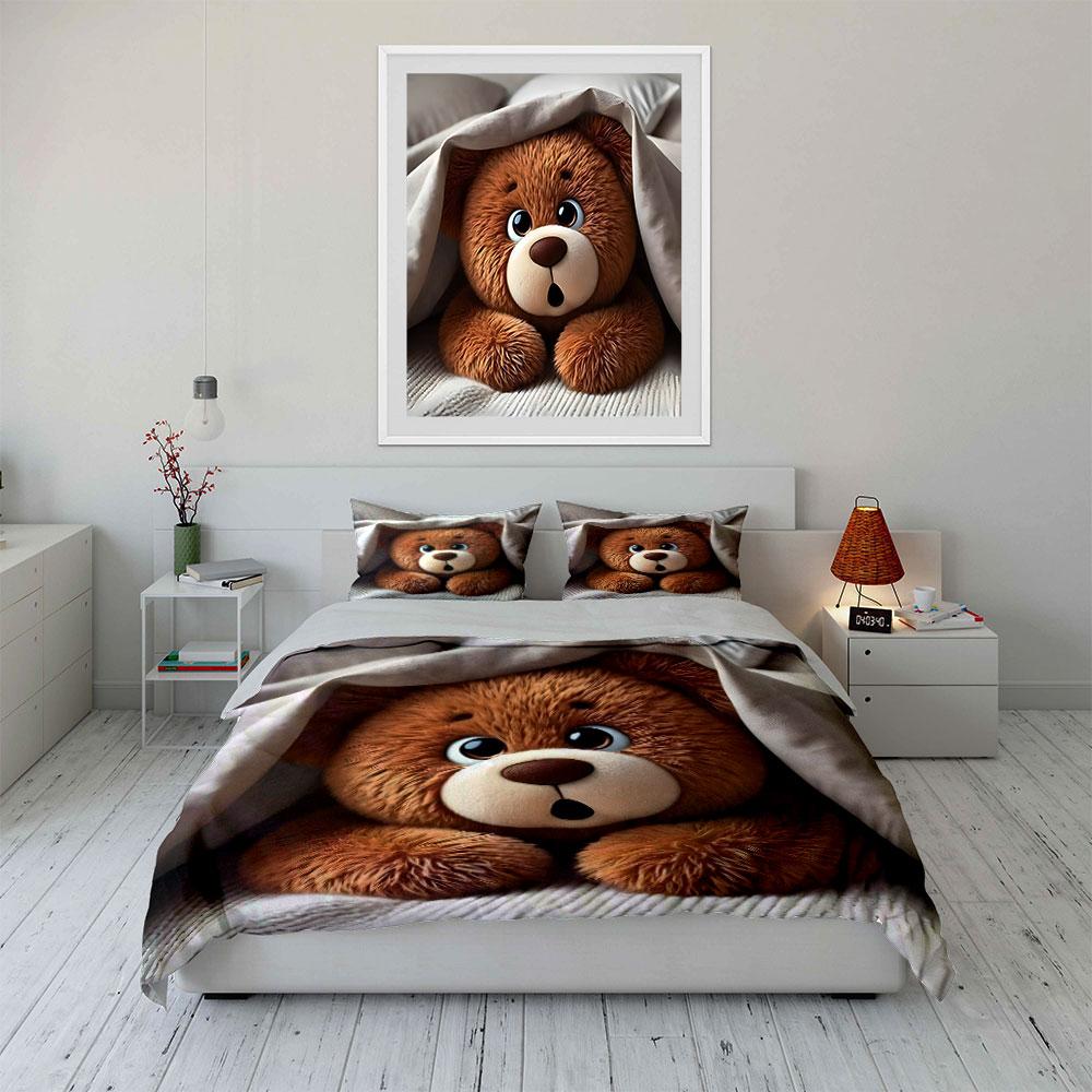 Plüsch-Teddybär unter weicher Decke Bedrucktes Bettwäsche-Set 1 Bettbezug + 2 Kissenbezüge verschiedene Größen Schlafzimmer Bettwäsche Dekor