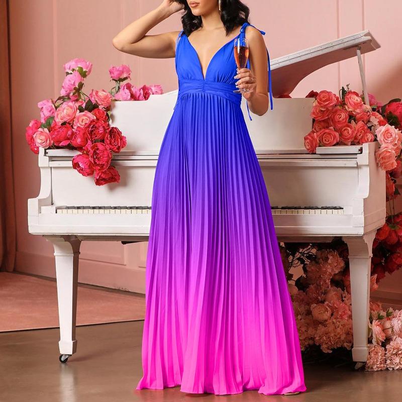 Plus Size Women V Neck Sexy High Waist Gradient Pleated Long Evening Dress