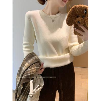 Fleece Thickened Crew Neck Top Women's Design Sense Integrated Fleece Sweater Winter Inner Knitted Sweater Top