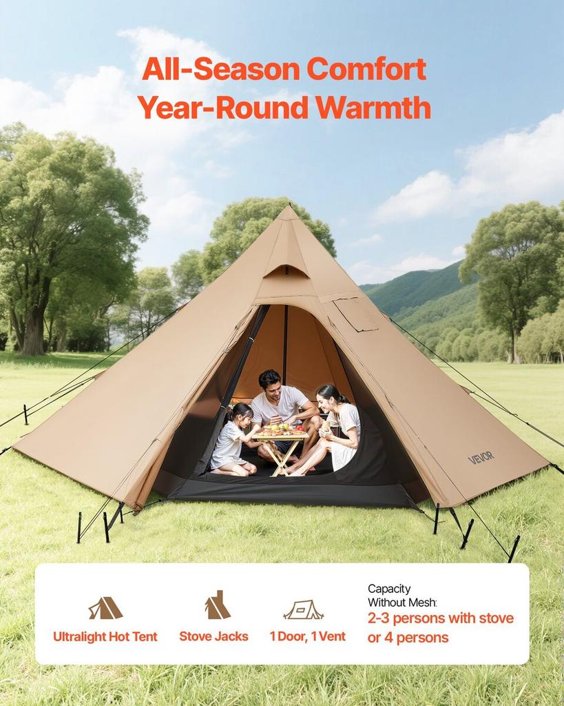 Hot Tent for 4 Persons, Camping Tipi Hot Tents with Stove Jack & Inner Tent, Portable Winter Camping Tents with Snow Skirt, Easy Setup, Waterproof 4