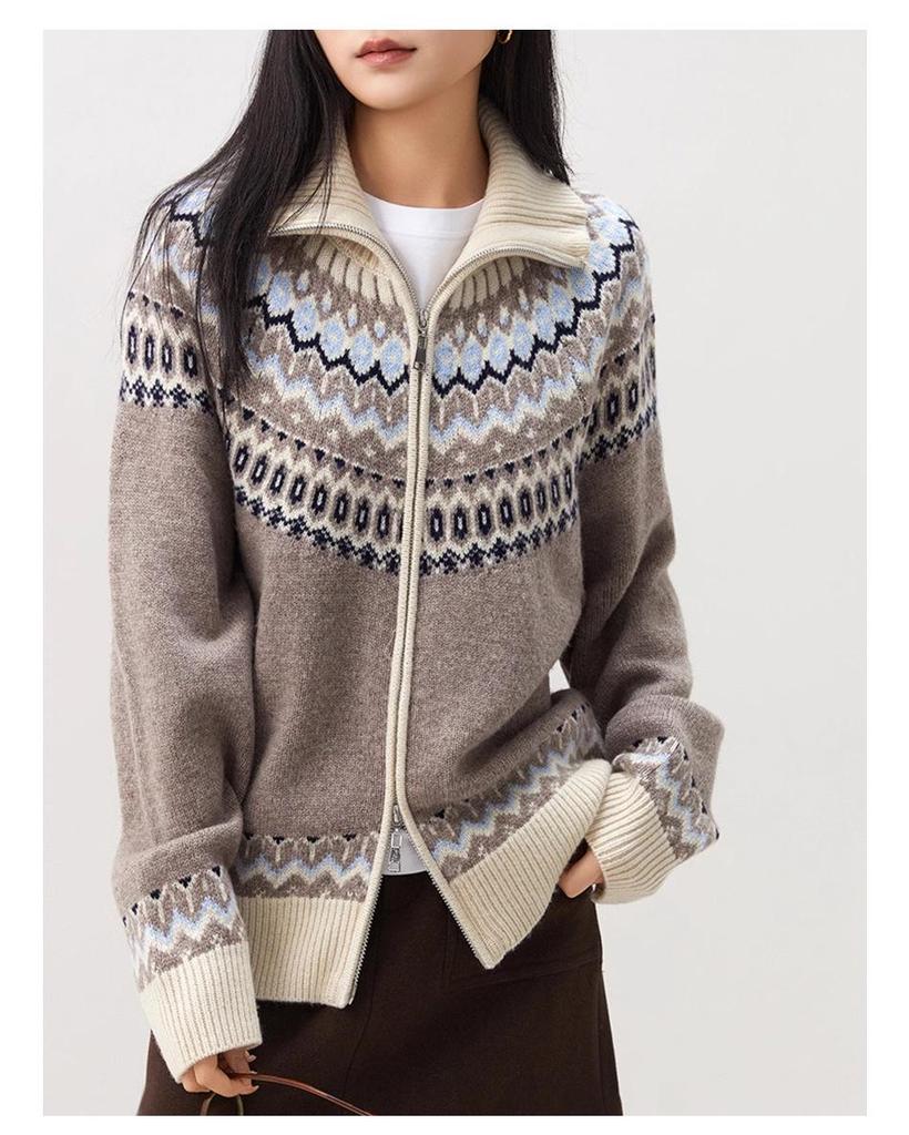 Women's 100% Pure Wool Fair Isle Zipper Cardigan - Autumn/Winter Knitwear Jacket