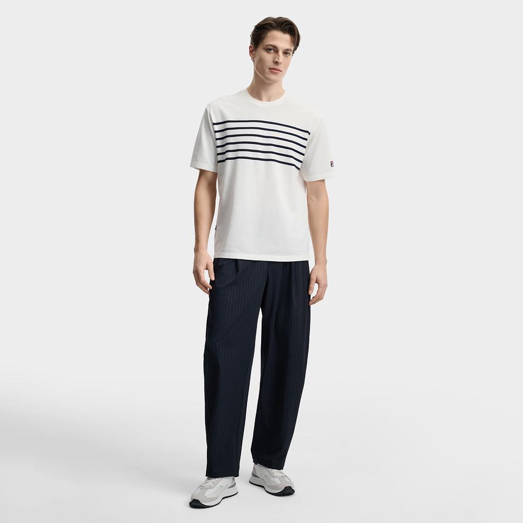 FILA Heritage Simple Fashion Classic Casual Comfortable Versatile Striped Knit Short Sleeve T-Shirt Men Tops Cloud-White F11M628120FWT