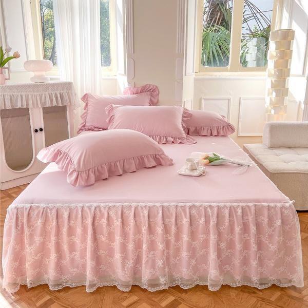 French Lace Embroidered Bed Skirt Small Fresh Solid Color Cotton Bed Cover Thin Gauze Hem Anti Slip Bed Sheets and Bedding