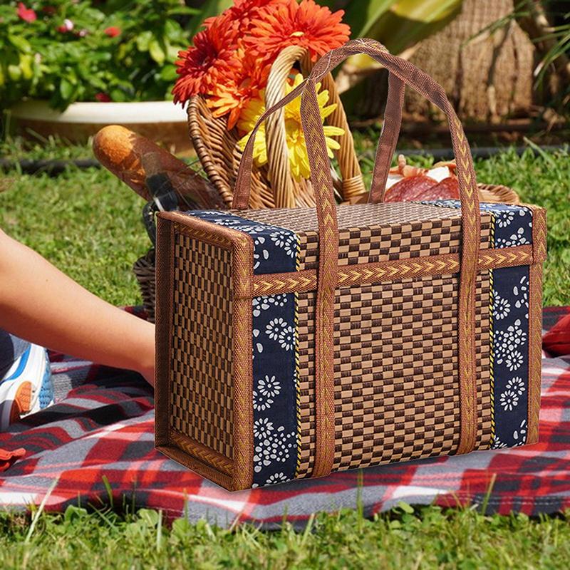 Folding Bamboo Woven Fruit Basket Handheld Handle Fruit Shopping Food Basket Picnic Food Storage Basket For Outdoor