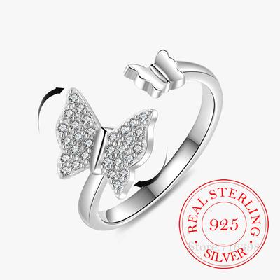 Joias de Prata Esterlina 925 Anéis Abertos de Borboleta de Cristal Giratório para Mulheres Joias para Festa de Casamento para Meninas Presente de Amiga