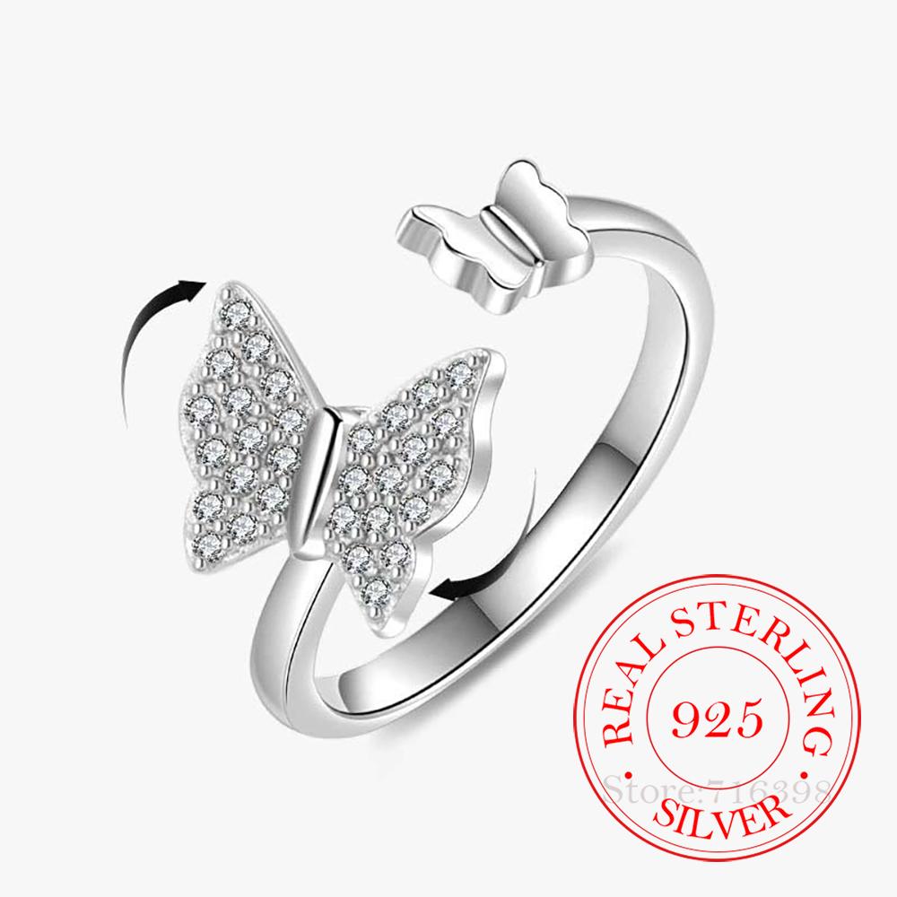 

925 Sterling Silver Jewelry Spinning Crystal Butterfly Open Finger Rings for Women Wedding Party Jewelry for Girls Friend Gift resizable